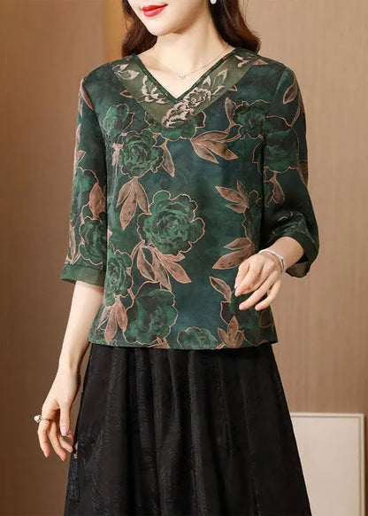 Green V Neck Jacquard Original Design Silk Two Pieces Set Summer