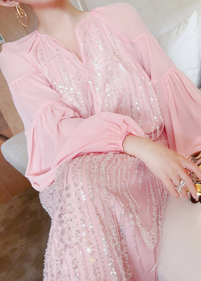 Pink V Neck Patchwork Sequins Silk Long Dress Lantern Sleeve