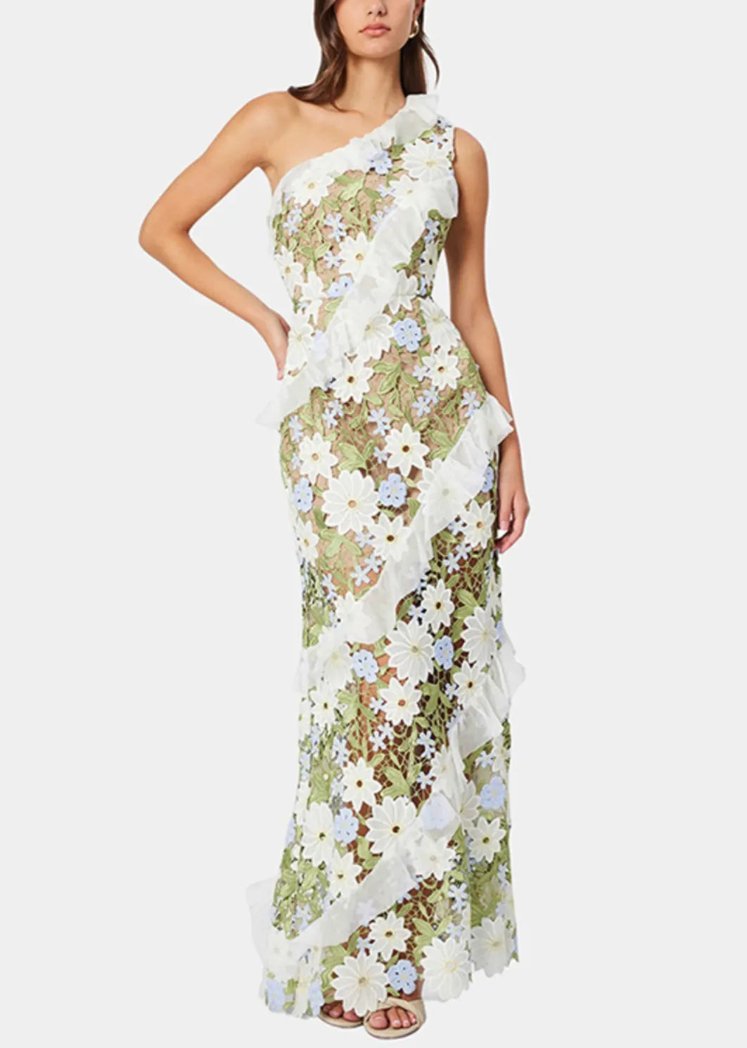 Art Green Embroidered Ruffled Long Dresses Sleeveless