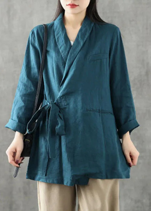 Blue Green Peter Pan Collar Tie Waist Linen Coats Long Sleeve