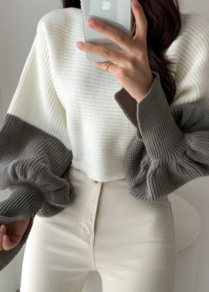 White Slash Neck Knit Short Sweater Tops Batwing Sleeve