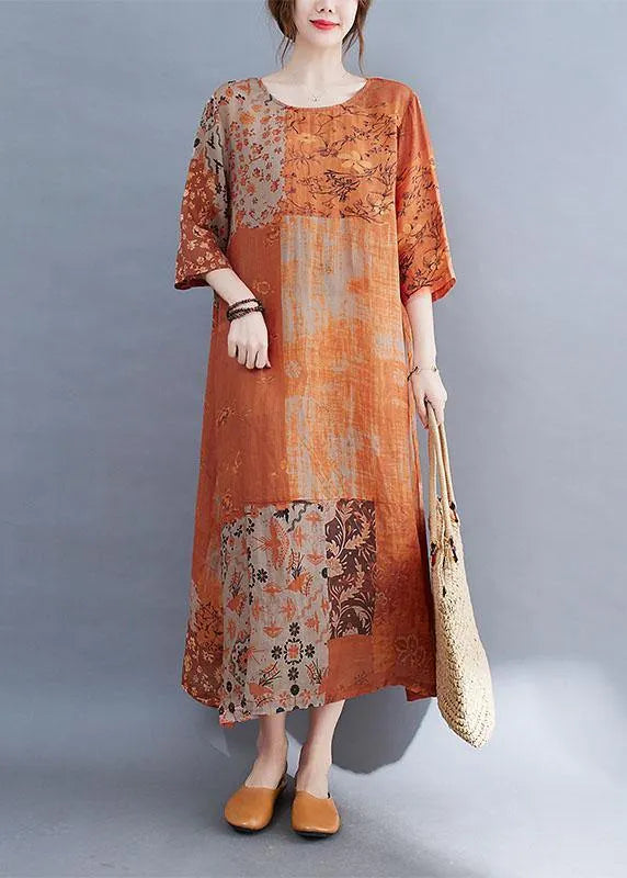 Purple Block Loose O-neck Print Summer Side Open Dress Half Sleeve
