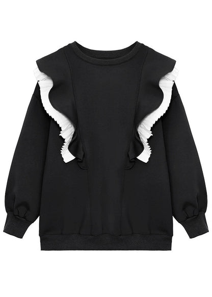 Khaki O-neck Retro Ruffled Patchwork Fall Sweatshirt Street Wear