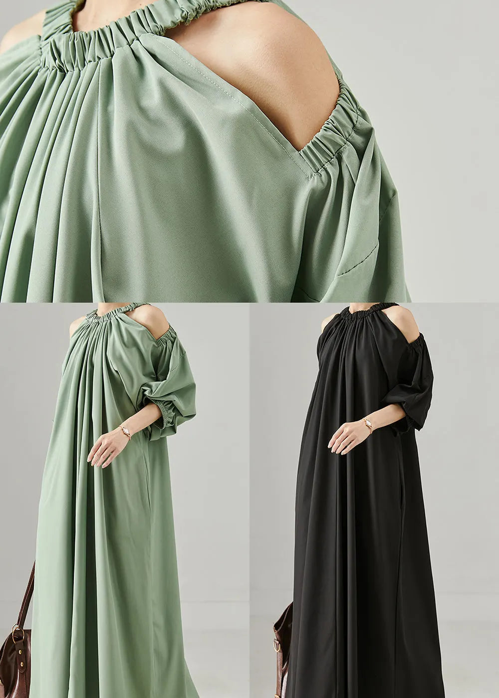 Green Grey Loose Cotton Maxi Dresses Cold Shoulder Spring