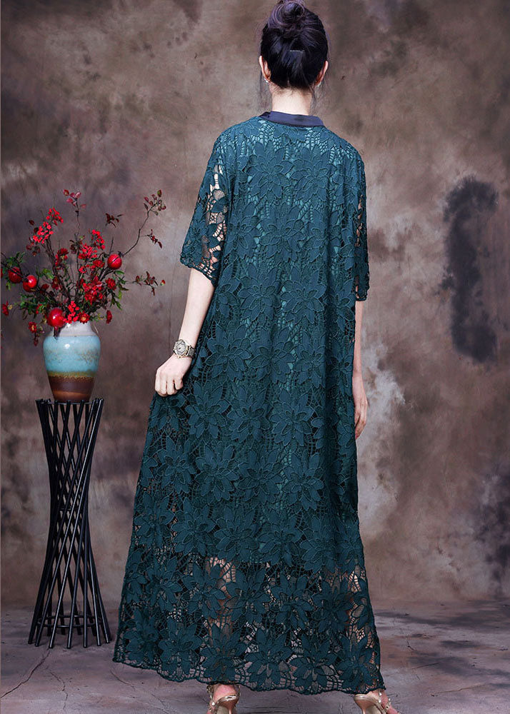 Green Stand Collar Patchwork Side Open Lace Long Dresses Half Sleeve