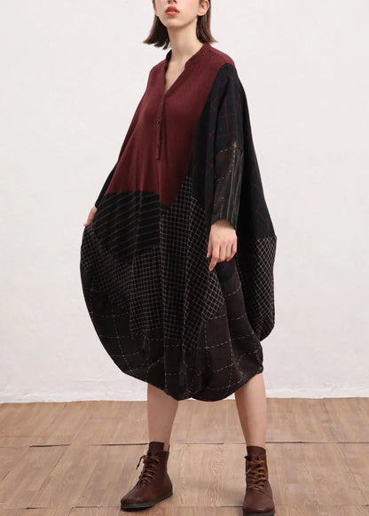 Red V Neck Plaid Patchwork Linen Dress Batwing Sleeve