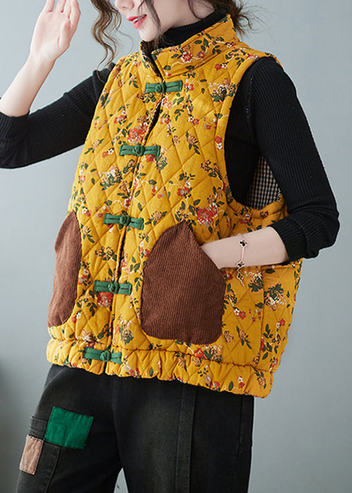 Yellow Chinese Button Print Pockets Cotton Filled Waistcoat Spring