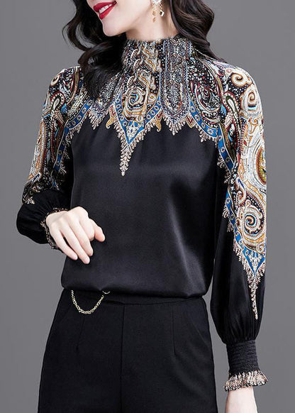 Black Stand Collar Cinched Print Silk Shirt Top Spring