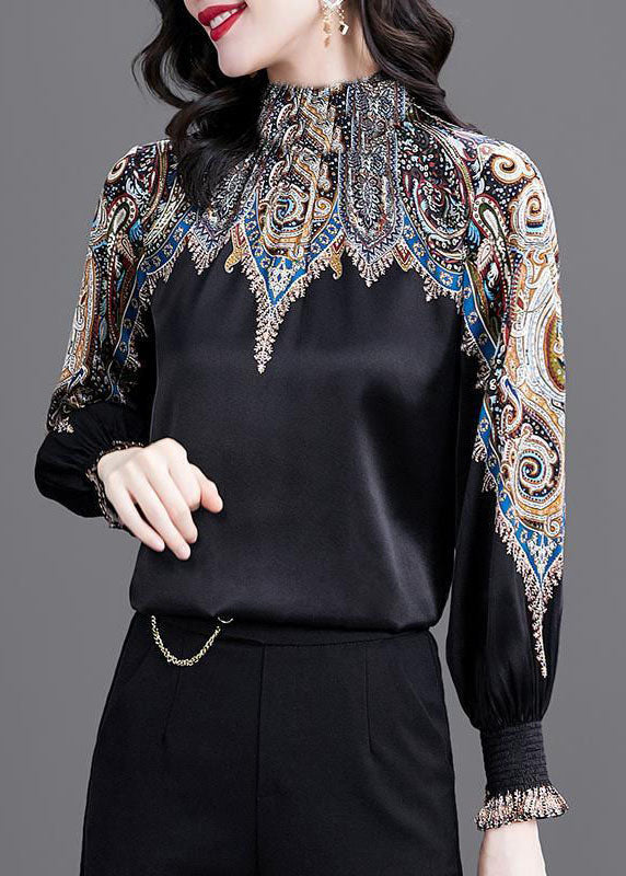 Black Stand Collar Cinched Print Silk Shirt Top Spring