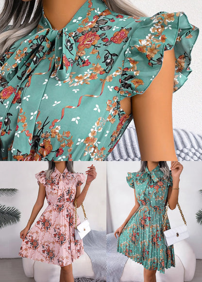 Green Print Lace Up Cotton Mid Dress Summer