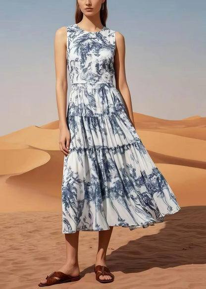 Exra Large Hem Print Chiffon Long Dress Sleeveless
