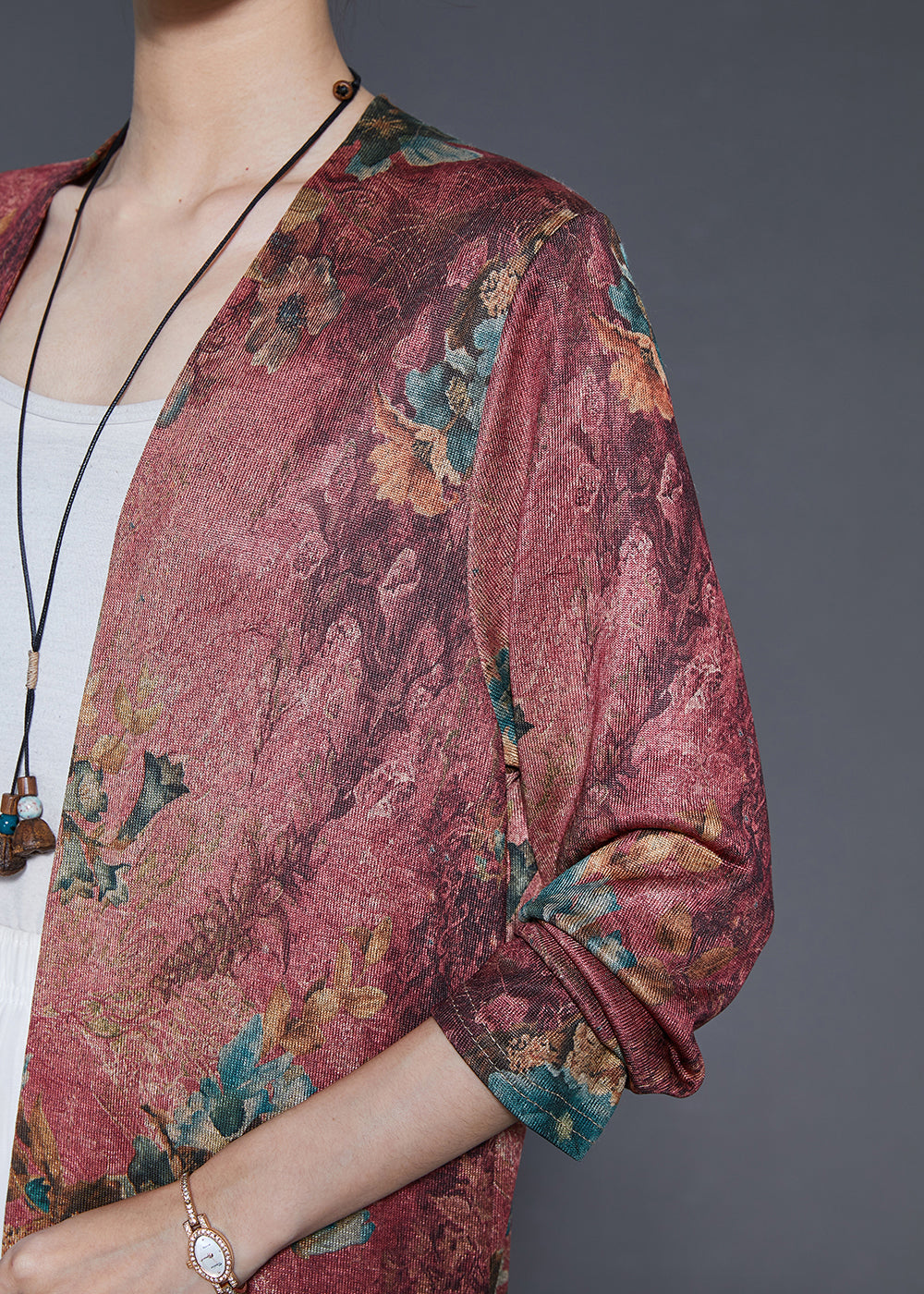 Art Brick Red Print Chinese Button Cotton Cardigan Summer