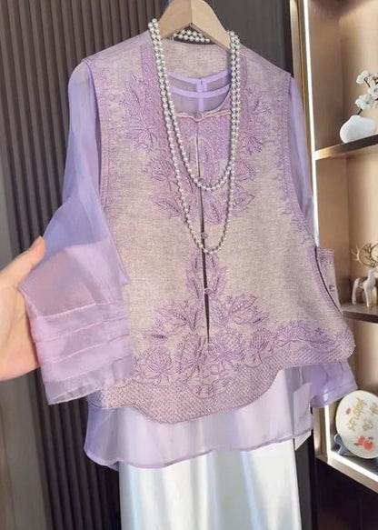 Chinese Style Purple Embroidered Waistcoat and Tops Two-piece Set Fall
