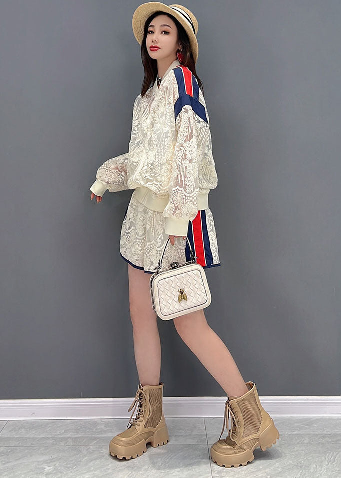 French White Zippered Patchwork Lace Upf 50+ Coat Jacket and Shorts Two-piece Set Summer
