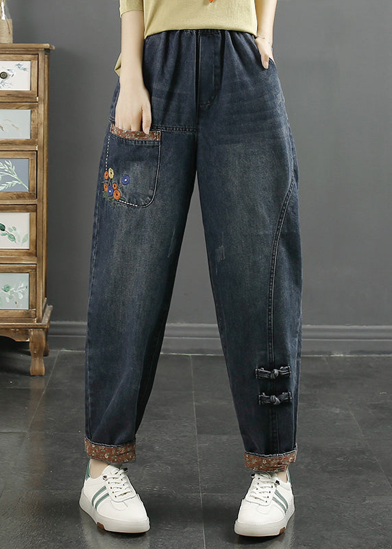 Loose Denim Blue Embroideried Pockets Elastic Waist Jeans Fall