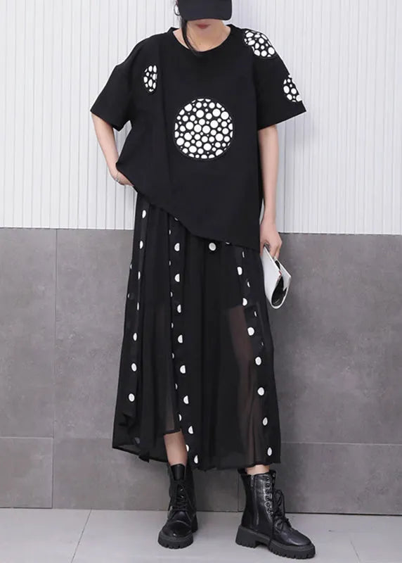 Novelty Black Print T Shirts and Tulle Maxi Skirts Two Pieces Set Summer