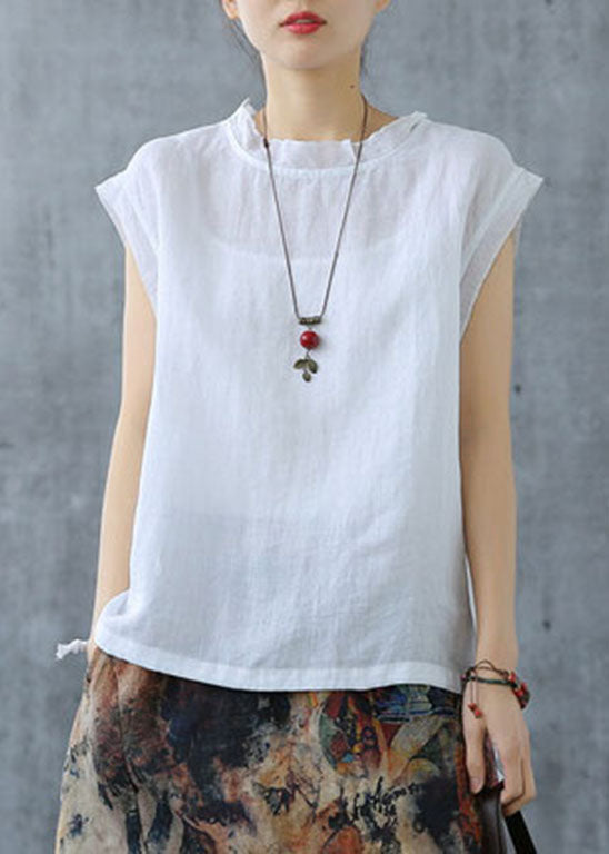 Black Plaid Drawstring Turtle Neck Linen Tank Short Sleeve