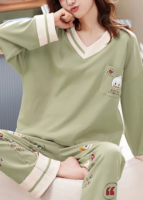 Pink Print Pockets Patchwork Cotton Pajamas Two-piece Set V Neck Fall