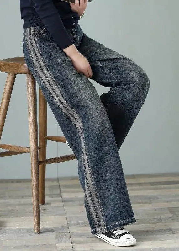 Loose Denim Blue High Waist Pockets Cotton Wide Leg Pants for Spring