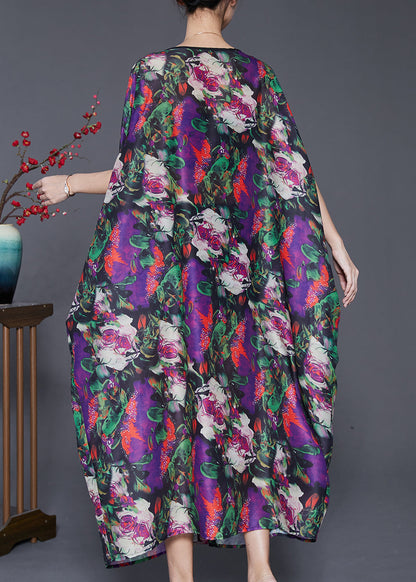 Purple Oversized Print Chiffon Long Dresses Batwing Sleeve