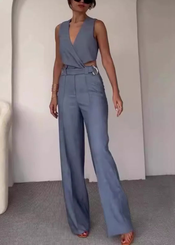 New White V Neck Pockets Cotton Two Pieces Set Sleeveless