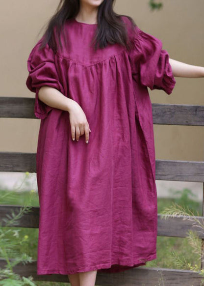 Loose Rose O Neck Button Cotton Long Dress Fall