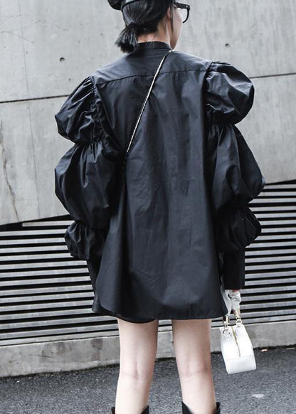 Fine Black Puff Sleeve Button Cotton Shirt
