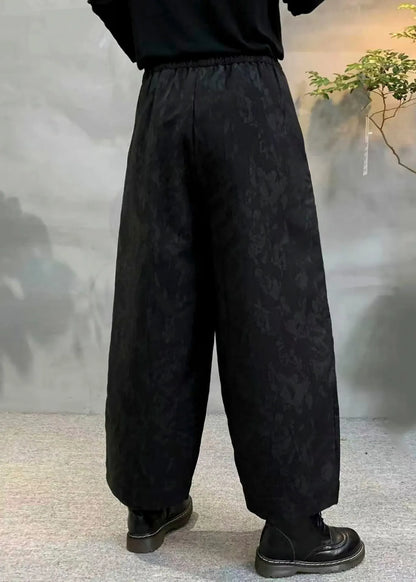 Black Oversized Jacquard Fine Cotton Filled Harem Pants Winter