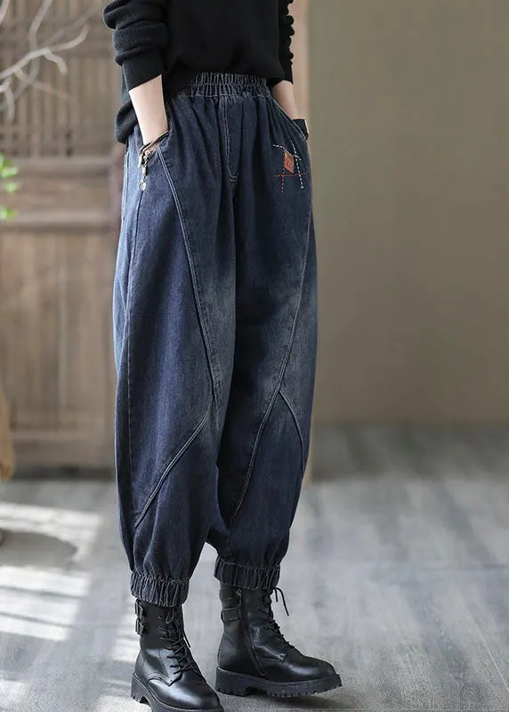 Black Elastic Waist Pockets Denim Pants Spring