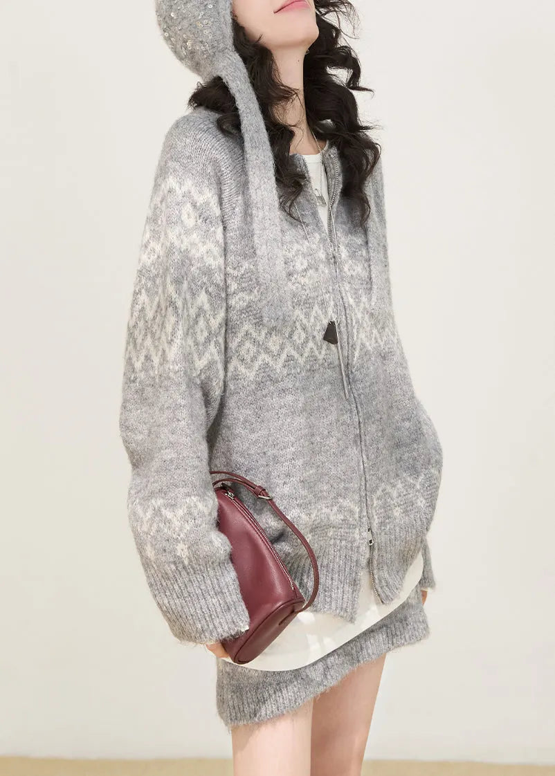 Boutique Grey Zip Up Print Knit Two Piece Set Spring
