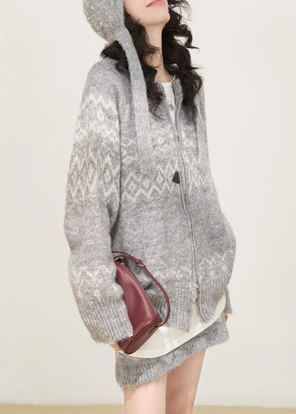 Boutique Grey Zip Up Print Knit Two Piece Set Spring