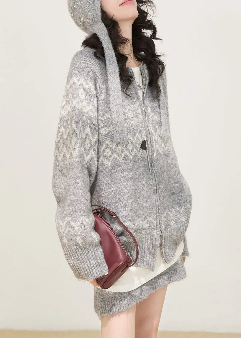 Boutique Grey Zip Up Print Knit Two Piece Set Spring