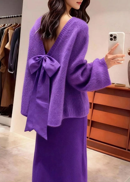 Purple Backless Bow Knit Two Piece Set Outfits Winter