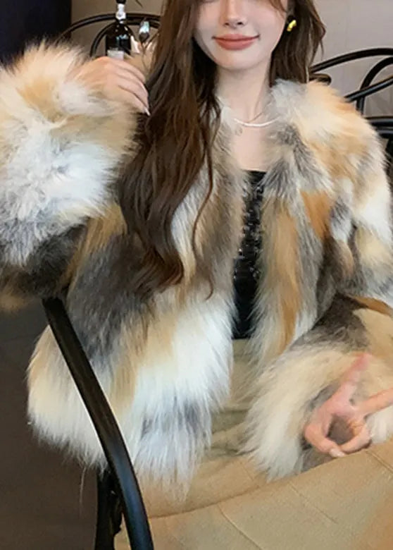 Unique Photo Color V Neck Print Leather and Fur Coats Spring