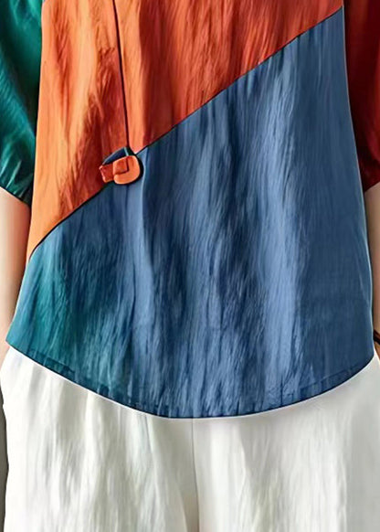 Orange V Neck Patchwork Cotton T Shirts Half Sleeve