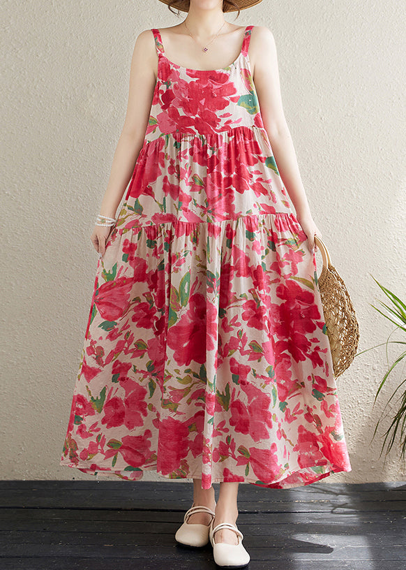 Red Print Patchwork Cotton Spaghetti Strap Dress Sleeveless