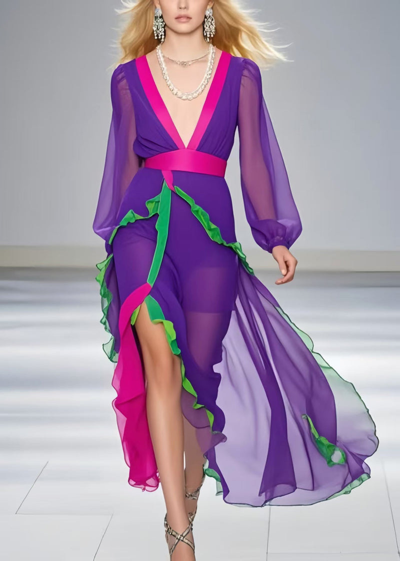 Purple Asymmetrical Patchwork Ruffled Chiffon Sundress