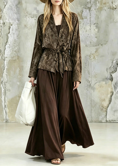 Print Tie Waist Shirt and Maxi Skirts Two Pieces Set Fall