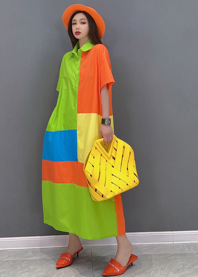 French Colorblock Peter Pan Collar Patchwork Cotton Dresses Short Sleeve