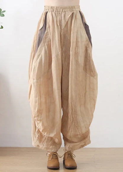 Khaki Elastic Waist Wrinkled Patchwork Linen Harem Pants Summer