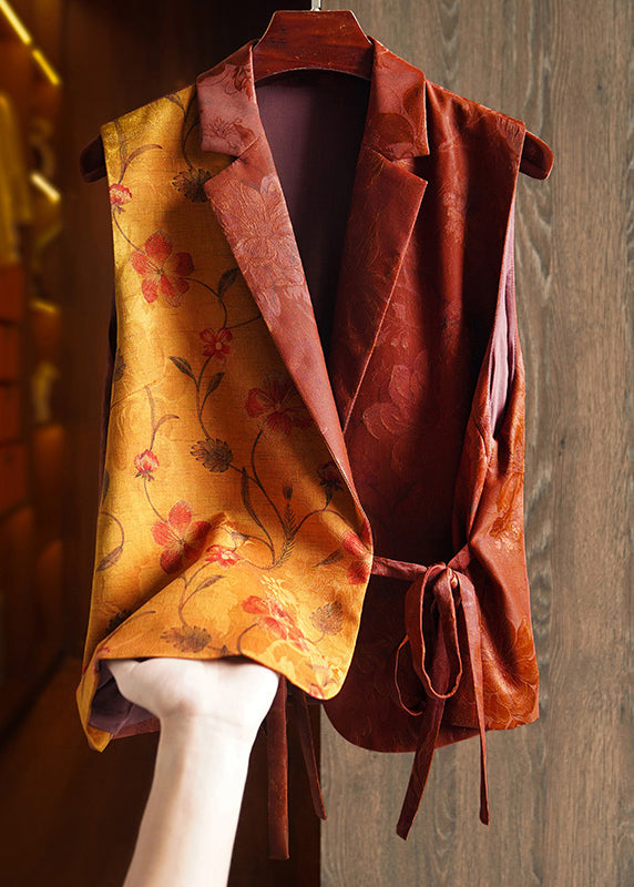 Brown Print Lace Up Patchwork Silk Vest Sleeveless