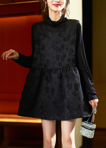 Jacquard Black O-neck Side Open Patchwork Silk Sets 2 Pieces Spring