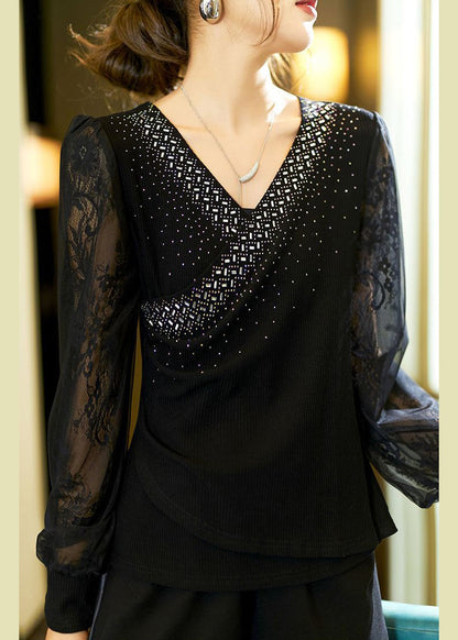 Black Zircon Lace Patchwork Cotton Knit Top Long Sleeve
