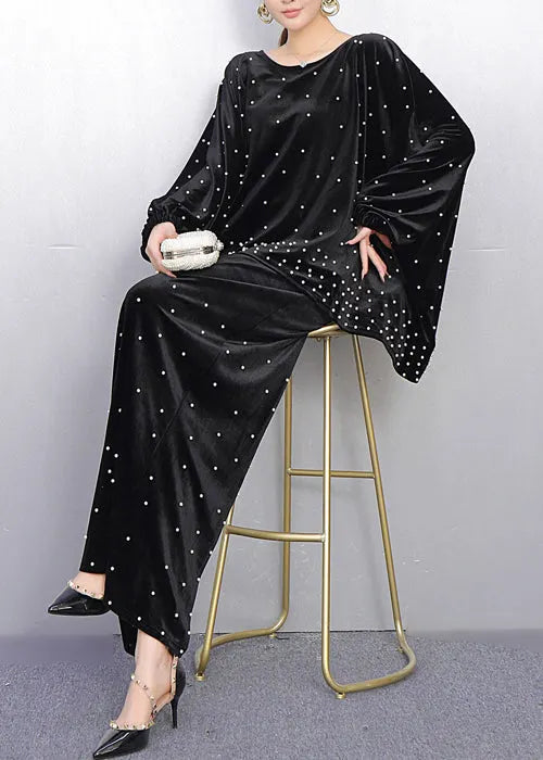 French Black Oversized Nail Bead Silk Velvet Two Piece Set Spring