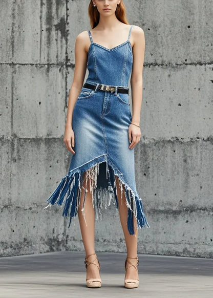 Blue Asymmetrical Tasseled Denim Skirts Summer