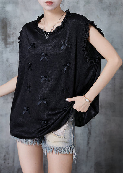 Black Ruffled Bow Silk Tank Summer