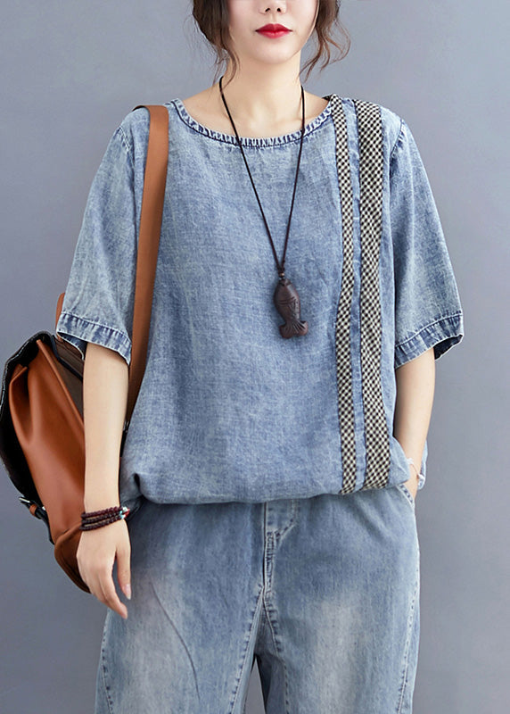 Retro Denim Blue O-neck Patchwork Top Half Sleeve