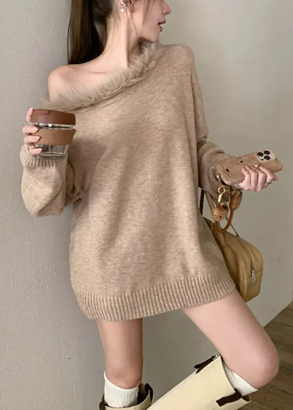 Khaki One Shoulder Cotton Knit Sweaters and Shorts Two Pieces Set Lantern Sleeve