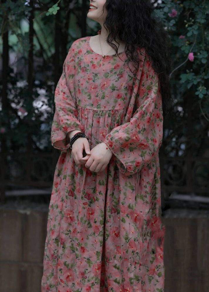 French O-neck Print Wrinkled Cotton Dresses Spring