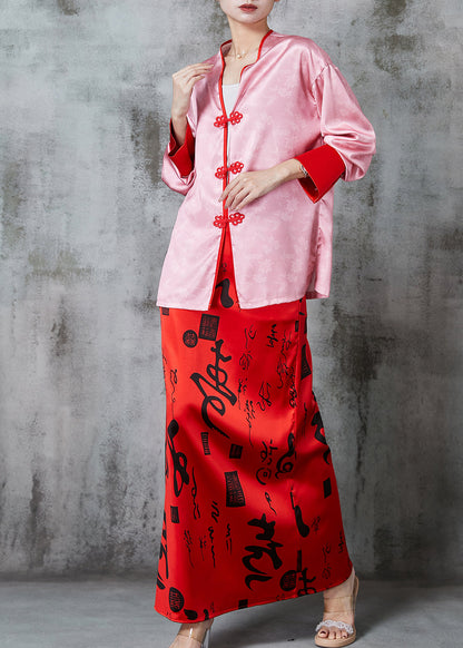 Pink Print Silk Oriental Two Pieces Set Spring